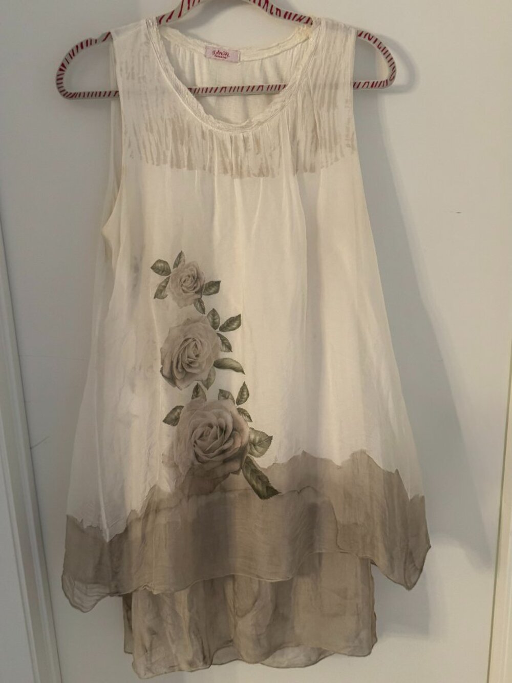 Scandal Italy sleeveless silk dress, layered silk silhouette, floral print